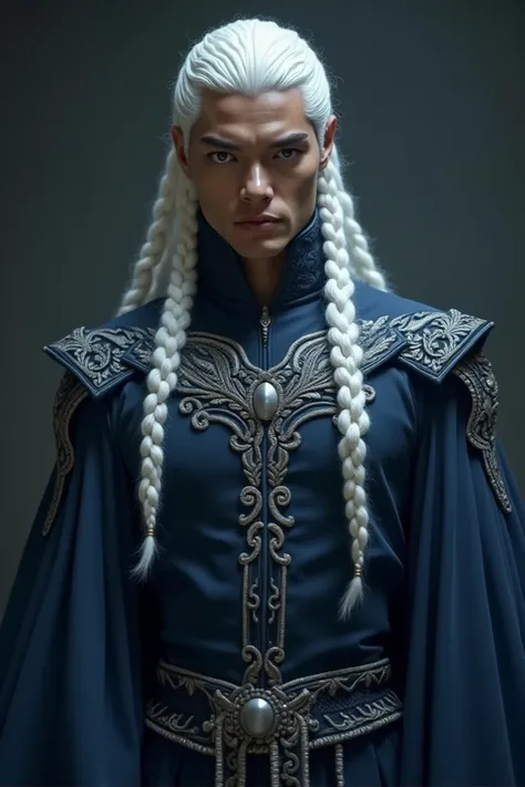  Mens white braided shoulder-length hair, amber eyes, brown skin, Mesamorphic size ,  dark blue costume with white details 