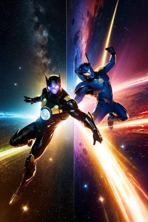 「 depict two futuristic superheroes facing each other in outer space {x}。One is wearing a gold suit 、 the other is wearing a black suit 。 there is a bright swirling energy vortex between them 、 emitting a beam of light 。The background is a planet or star 々...