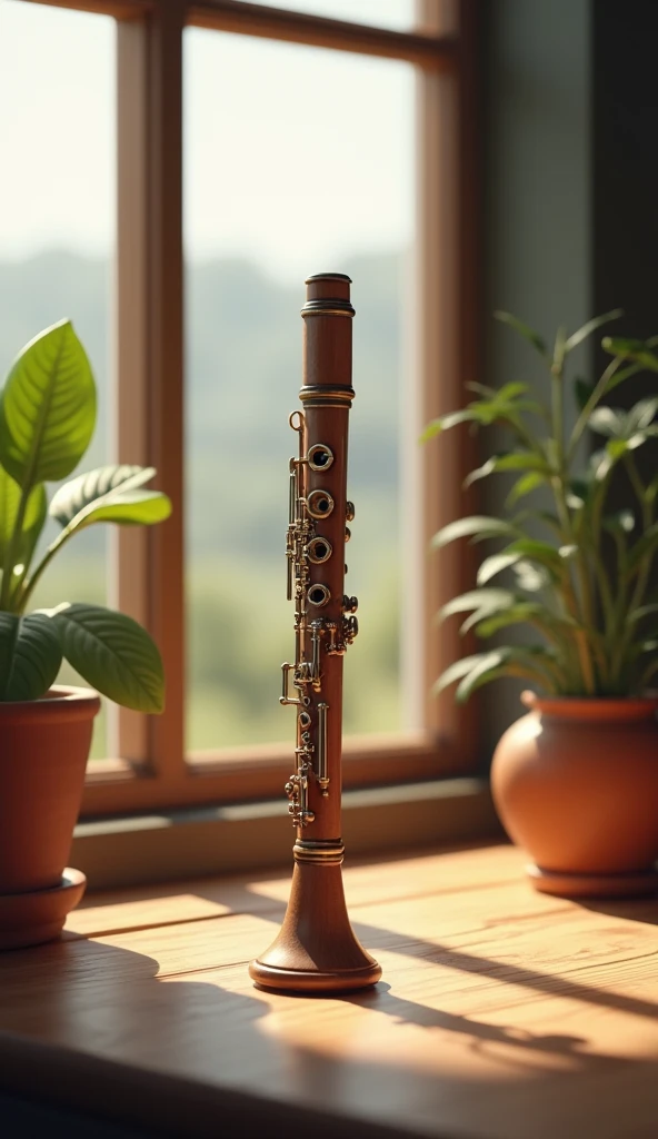  A recorder on a table, and behind a window , all in 3d  