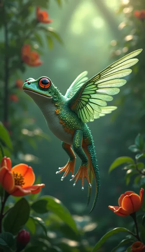  A fantastic creature formed by the fusion of a frog and a hummingbird ,  positioned in an environment of dense tropical vegetation .  The creature has the robust and scaly body of a frog ,  but with an unusual lightness ,  as if it had acquired the Hummin...