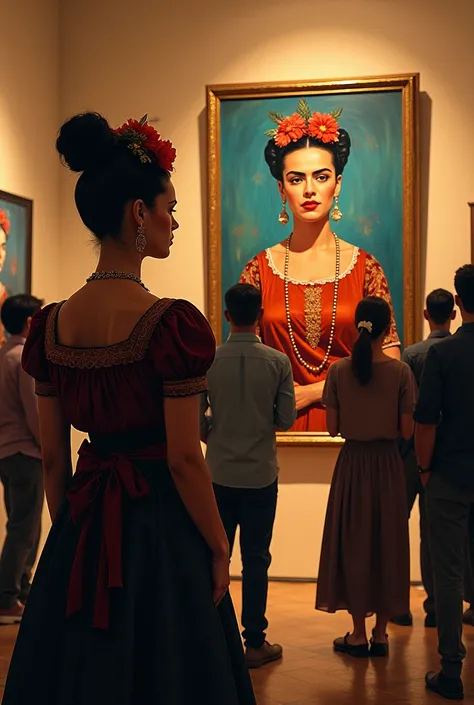 Frida Kahlo observes from afar how they admire her painting 