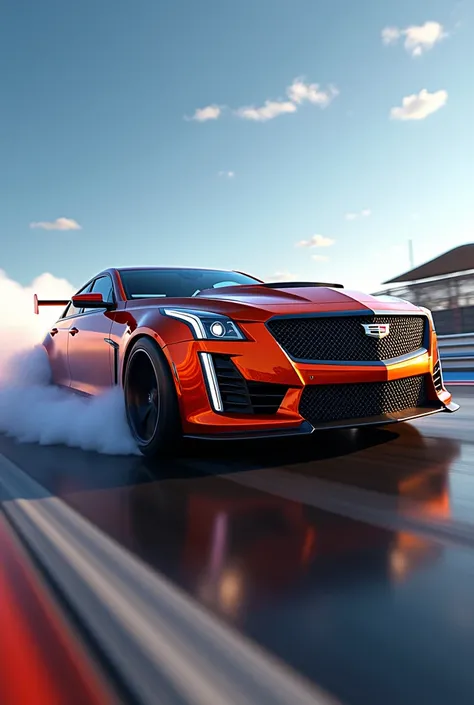 An ultra realistic photo of a Cadillac sedan car looks like a flamboyant hotwheels on a racetrack bursting through the exhaust