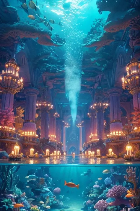 「 Please draw a fantasy undersea city 。At the center is a huge, luxurious palace 、 meticulously designed in every detail 。 The surroundings are full of colorful corals and fish, and 、 The light shines fantastically through the water 。 include a scene where...