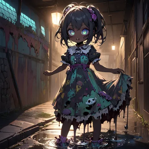 (( best quality )), ((masterpiece)),full body.A cute and like anime-style beautiful girl inspired by the Tarman zombie from "The Return of the Living Dead Part II." She has glossy, dark skin resembling tar, giving her an eerie yet adorable appearance. Her ...