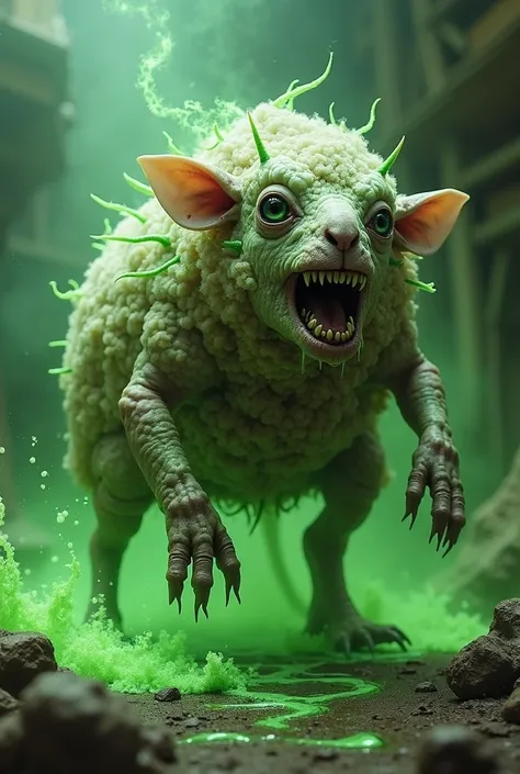 Create a grotesque hybrid creature combining the rat and the sheep into a terrifying abomination. This hybrid should be a disturbing fusion of sharp, vermin-like features with the bulky, woolly traits of the sheep. Its body should be disjointed and mutated...