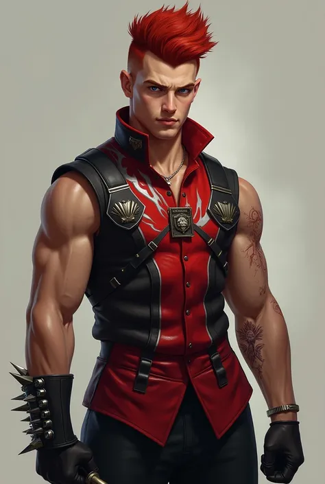 This is a digital painting in a highly detailed, hyper-realistic style, Serious young man with raised red hair and a light complexion. His age is between 22 and 26. With an athletic build and with burns on his right arm, he wears a closed red and black ves...