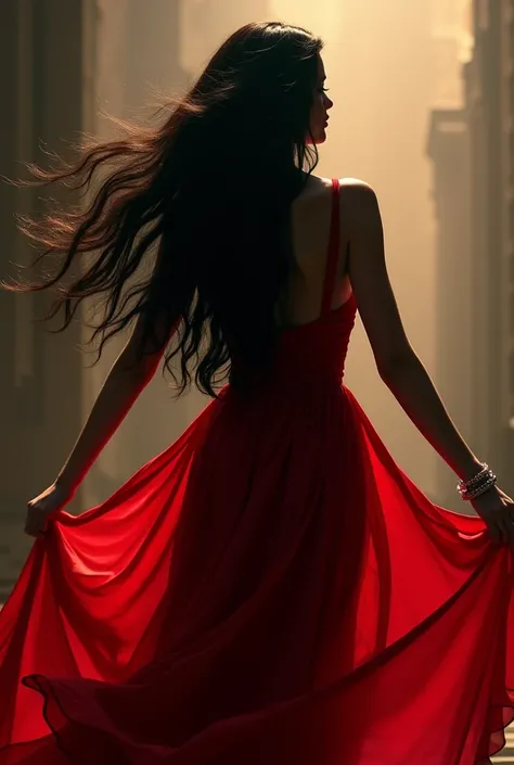 Silhouette of a woman with black hair loose on her back wearing a red dress 