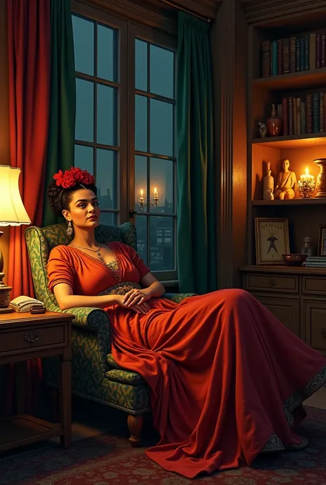 As night falls,  Frida Kahlo lies back in her study, feeling calm 