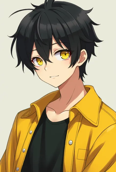 Short Hair, Black hair and yellow eyes, then wearing a yellow jacket and black shirt anime boy 