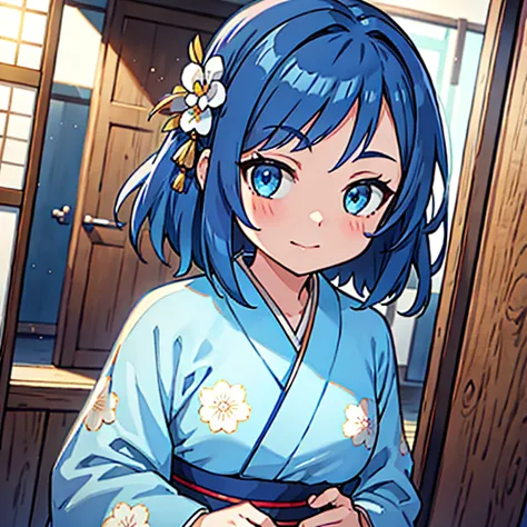 1girl blue hair medium hair blue eyes kimono