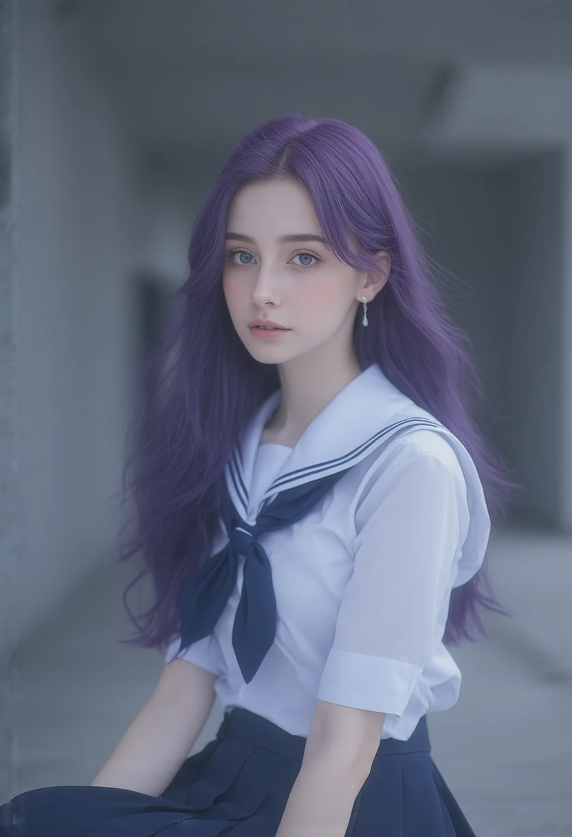  (((4K quality))),girl,(((cute cool K-pop idol))),student,(((cleavage sailor uniform 2.0))),double eyelid,oval face,Long purple hair,Modest Breasts,,svelte body((at school)),dark blue eyes, upturned eyes, Surrealism, fullbody ,sitting, Sony FE, f/3.0, 8k, ...