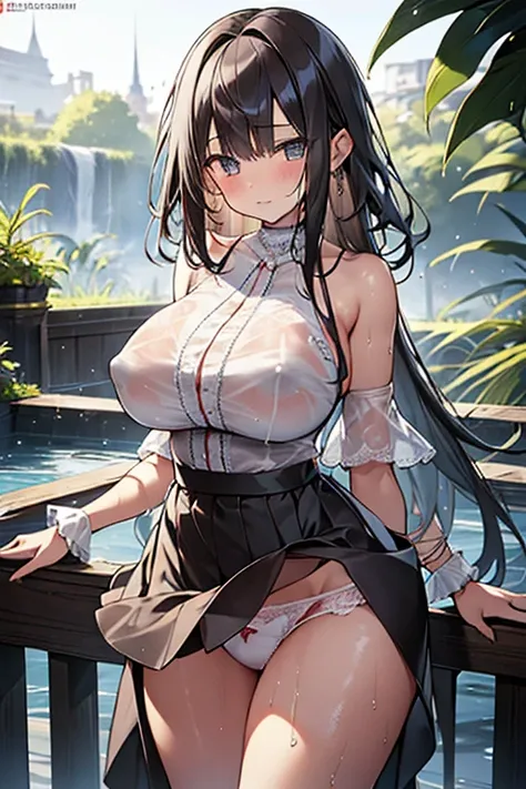 8k、 best quality 、MAXIMUM CLARITY  、  very detailed、Beautiful art、  very detailed、  biologically correct body  、maternal、 super big boobs 、(((   luxurious ruffled and delicately embroidered lace panties that show through the skin through wet clothes)))、 hi...