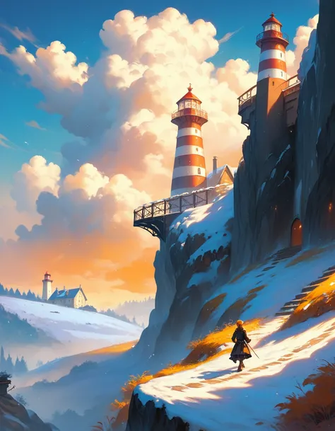 A fantastical, gothic-style lighthouse perched on a rocky cliff during twilight. The structure is illuminated by warm, yellow-orange light emanating from the windows, which contrasts with the cool, blue tones of the surrounding environment. The lighthouse ...