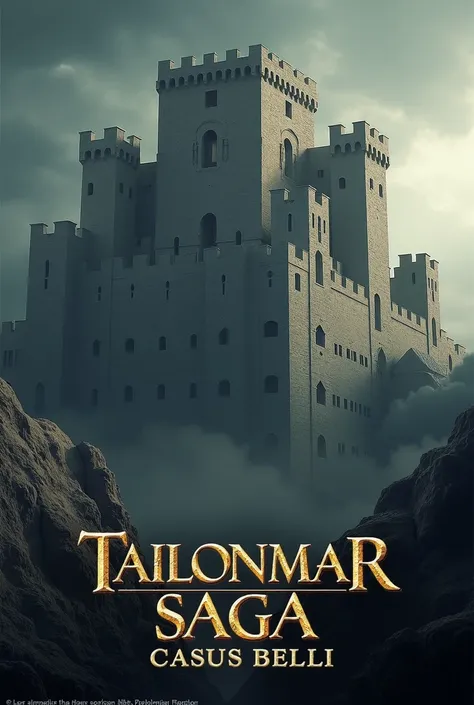 I want a movie poster that says the phrase  "Talionmar Saga Casus Belli" with medieval style and a large fortress behind 