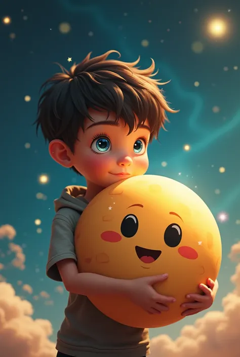 Boy with the eyes of a star 
embracing a cartoon-like planet
