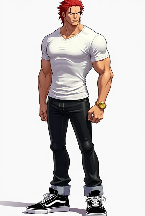 O personagem shanks de one piece com essa Roupa: A social white t-shirt, adjusted to the body,   a pair of black jeans , And a black sneakers ,  a model like vans and sneakers,  and a gold watch on the wrist 