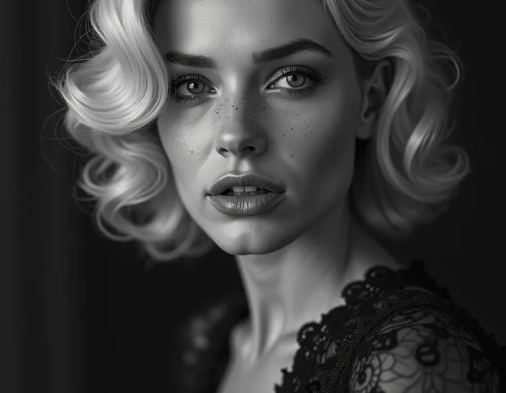 A high-contrast, close-up portrait capturing the subject with a sense of timeless elegance and depth. The woman gazes directly into the camera with a calm, almost melancholic expression, her lips subtly parted and glossy, adding a soft shine that contrasts...