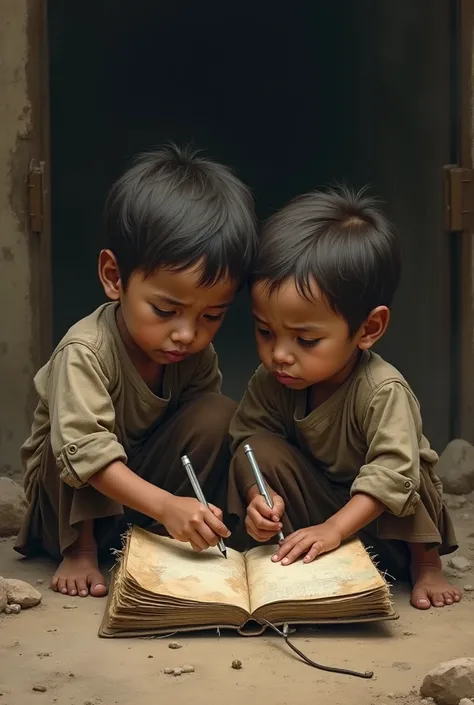 two little ren, poor, scarce resources , sad,  with the torn clothes ,  sharing a pen broken in half while writing in a damaged notebook