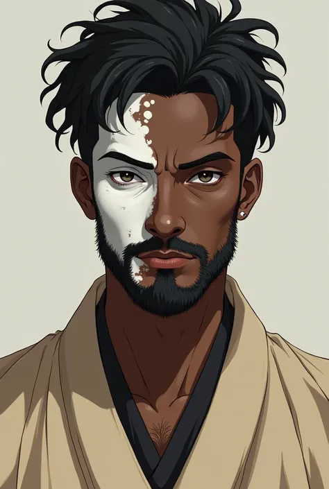 man, black with Vitiligo ,  Short curly hair black ,short beard and 
With a beige anime robe