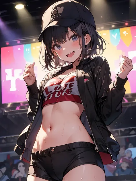 NSFW、 、10 talents、Young girl、Realistic、 cute face、 anatomically perfect、 Detailsな目、  dynamic angle 、 (((sweat)))、 Details、 、 (( stage))、((Many spectators))、smile、(( Spotlight))、((Star)),（  small breasts ) ,   black short hair 、 baseball cap 、((( Detailsな膣)...