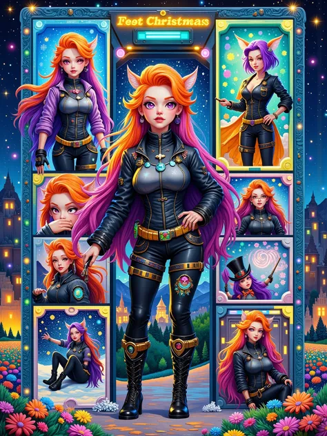3D 3D oil painting，Van Gogh oil painting，Fingerprint oil painting，3D relief，A photorealistic character sheet in a 9x9 grid layout featuring a single consistent character, a cyberpunk Christmas femme fatale. Each square should showcase different aspects of ...