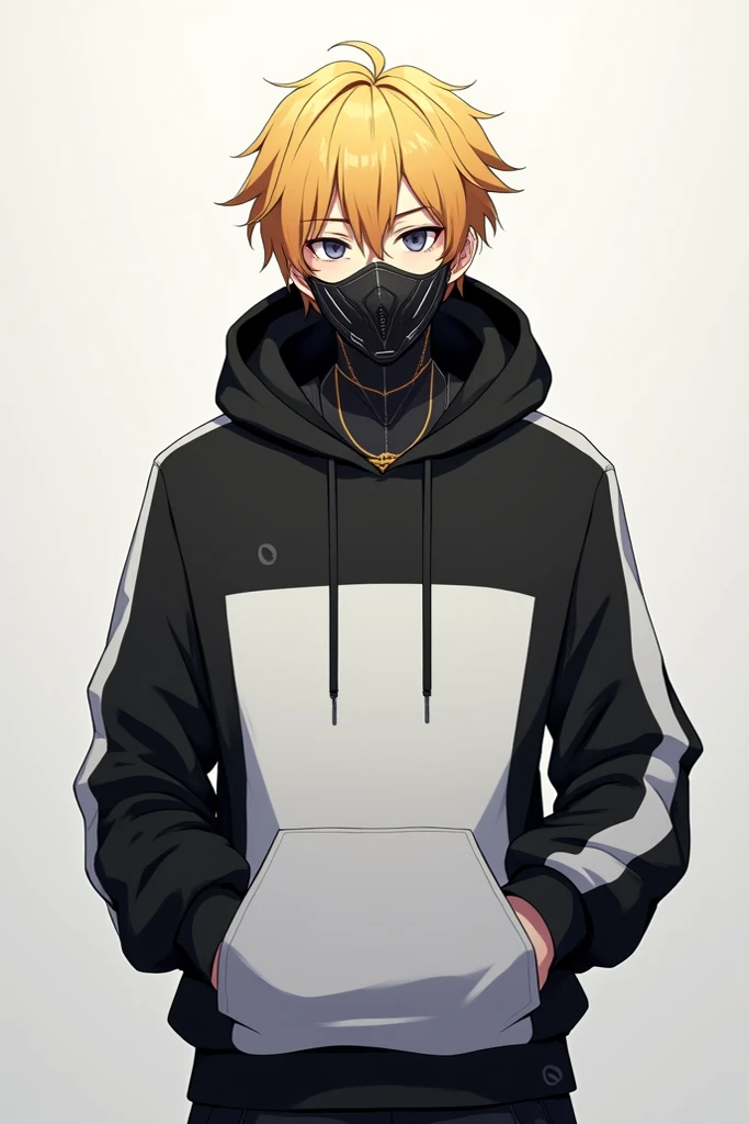 Anime boy blond in a black and white hoodie with a assassin tech mask