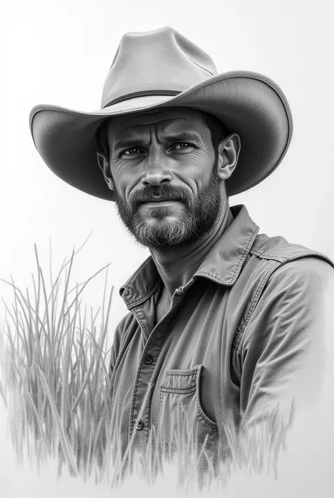 A drawing, realistic black and white sketch made with graphite pencil and charcoal pencil of a face of a man working in the field