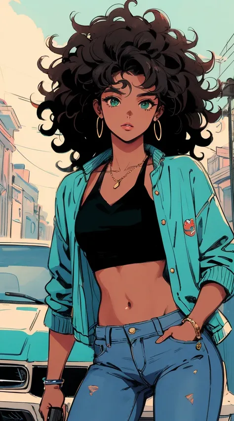 Anime de los 90, Illustrator, realistic,sketch , 1 person, Beautiful, georgeous afro dark skin Girl, thin earrings , lip, jeans, black tank-top, Green Militar Jacket, bling-bling, curly Hair , she is standing with a gun in hands, , pose sexy, Texture Cutou...