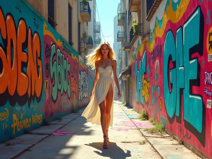 Blonde woman walking in an alley full of graffiti