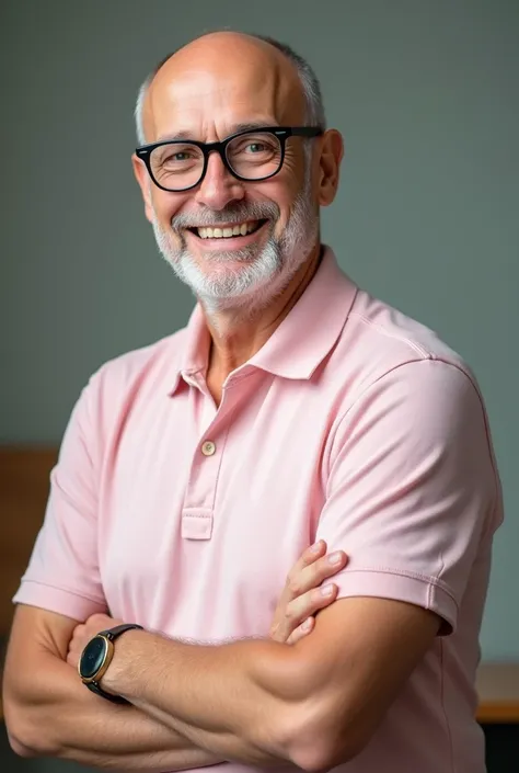 close up smiling teacher wearing a light pink polo and black pants and wearing black glasses, white skinand no hair
