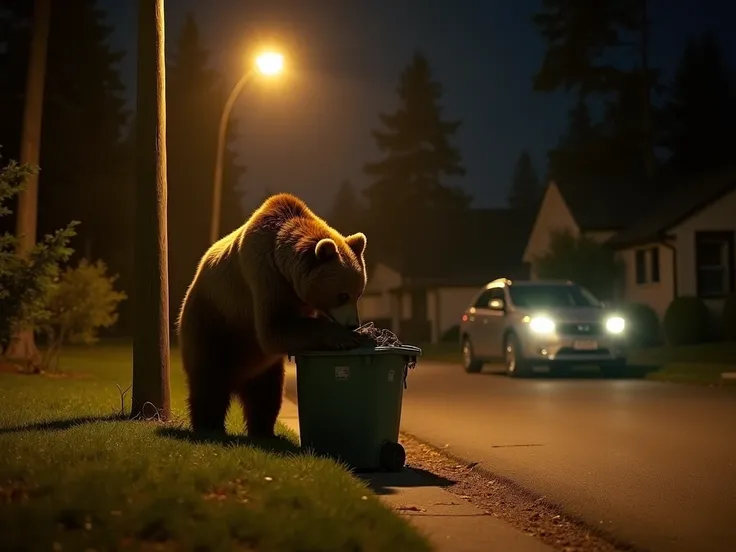 A brown bear rummaging through a trash bin in a suburban neighborhood at night. The scene is illuminated by a streetlamp casting a yellow glow, and the bear looks cautious but determined. Nearby, a car’s headlights shine faintly, adding tension and highlig...