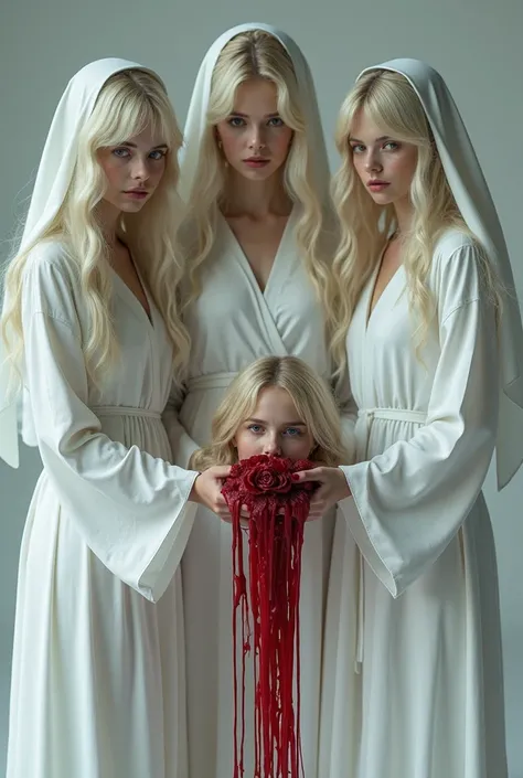 three young woman in white robes hold the severed head of a blonde young woman peacefully with blood streaming