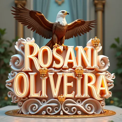 A 3D render of a captivating and enchanting scene with an eagle perched perfectly on the letter "ROSANI OLIVEIRA". The letter is written in exquisite, opulent white lettering with vibrant orange peridot luminescence, featuring an elaborate font design ador...