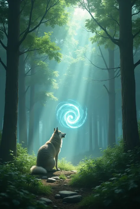 A lone wolf stands in a mystical forest, gazing at a swirling, ethereal orb of energy suspended in mid-air. The sunlight filters through the tall trees, casting a serene glow on the scene, where nature meets the unknown, creating an enchanting atmosphere o...