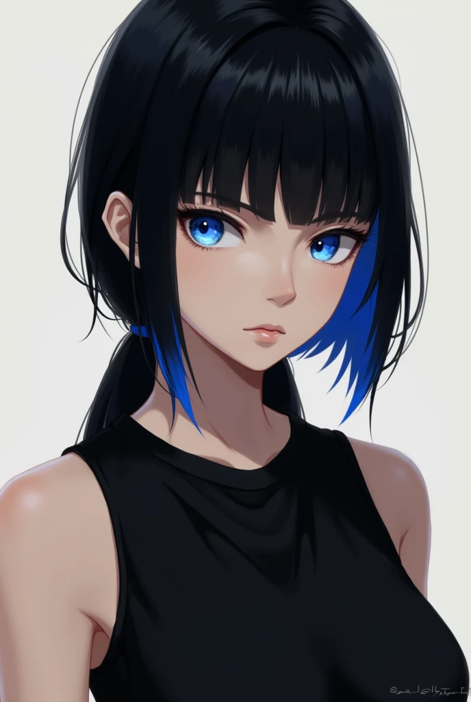 Black-haired girl with the tips painted in blue with strong blue eyes with serious look in black sleeveless shirt with neckline 