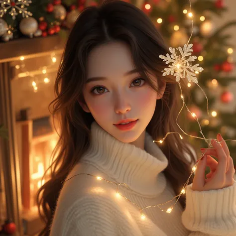 Ultra high resolution, ultra high quality. A breathtakingly beautiful 19-year-old Japanese woman with delicate, refined features and a radiant, youthful charm, adorned with intricate and luxurious holiday decorations: shimmering golden fairy lights, sparkl...