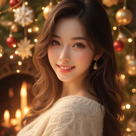 Ultra high resolution, ultra high quality. A breathtakingly beautiful 21-year-old Japanese woman with delicate, refined features and a radiant, youthful charm, adorned with intricate and luxurious holiday decorations: shimmering golden fairy lights, sparkl...