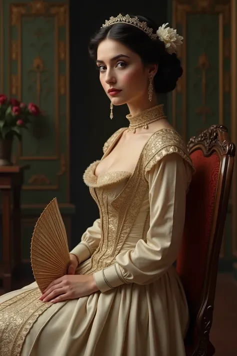 Image of an elegant woman sitting with long  , corset dresses with a high collar and a fan in her hand in the Uruguayan era of the 1900s