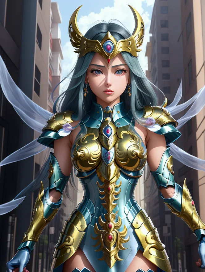 1girls, beautiful, saint seiya, in city, front view, potrait hyper realistic image