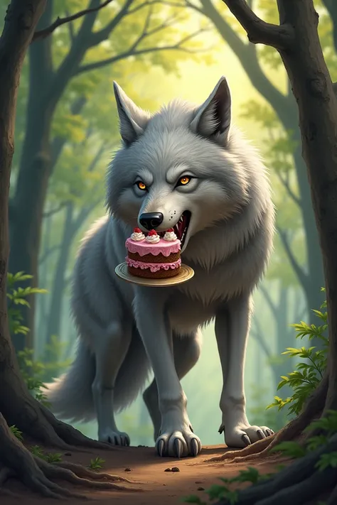 Create a drawing of a wolf holding a cake with its mouth open and as if hungry