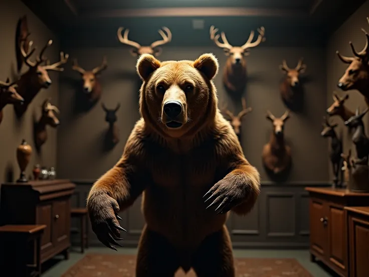 A hunting trophy room with a taxidermied brown bear standing tall, its powerful form frozen in an intimidating pose. The dim, artificial light casts shadows across the room, which includes other animal heads on the walls. The atmosphere is eerie, evoking a...