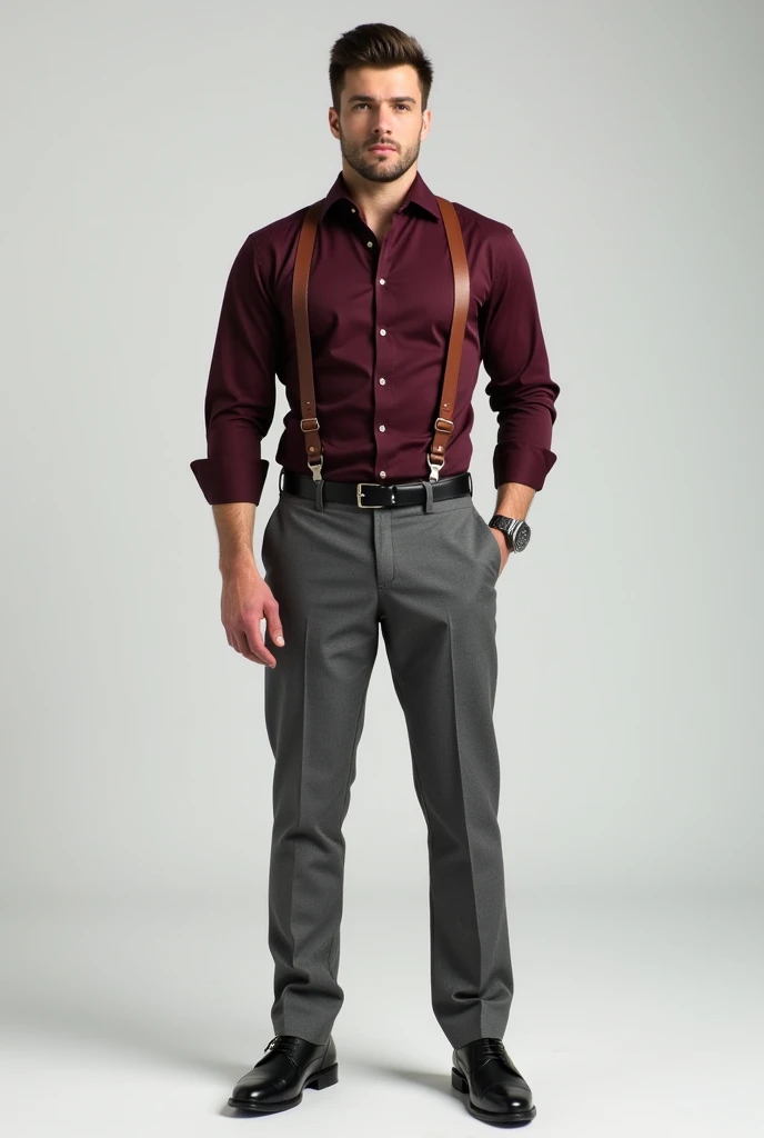 Generate a full body image of a person wearing a wine-colored long sleeve shirt, gray pants, a brown strap, a watch on the left hand and black shoes.