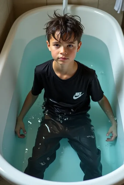 Boy, with black T-Shirt, long pants, from Nike, in the with water filled big Bathub, soaking wet clothes