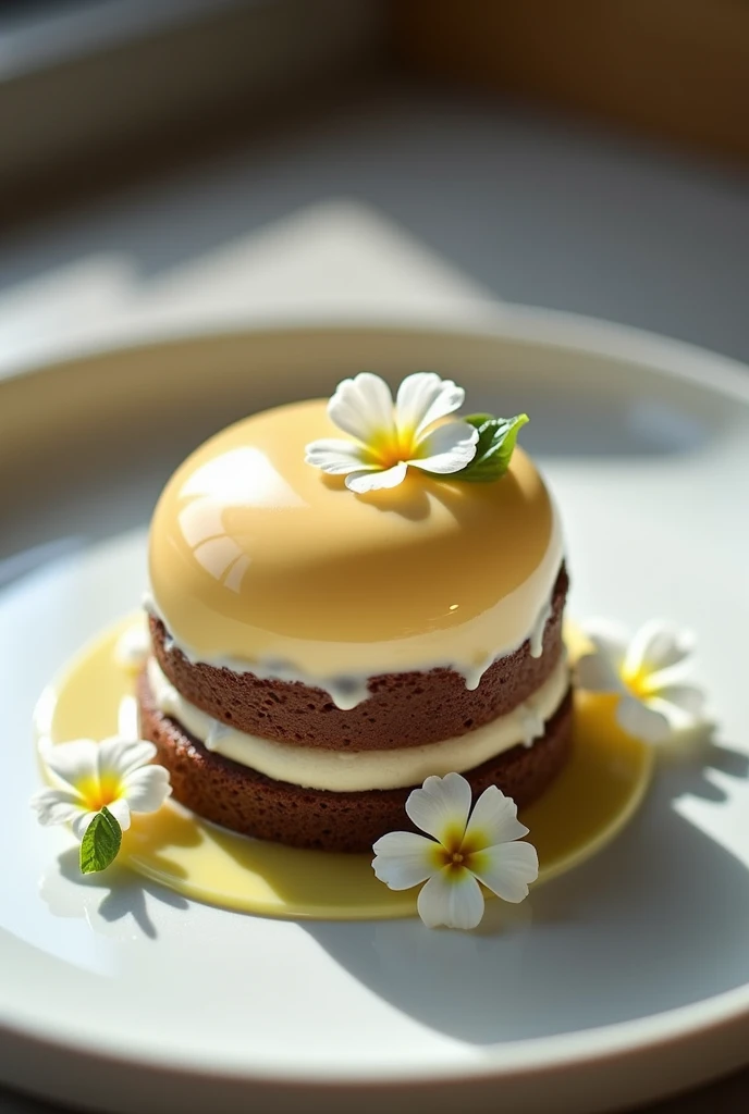  ENTREMET WITH SOURSOP MOUSSE AND COCOA SPONGE CAKE BASE COVERED WITH WHITE CHOCOLATE AND COCOA MIRROR GLAZE, ACCOMPANIED BY SMALL WHITE FLOWERS 