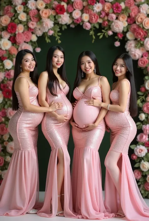 Four high-class elegant 20-year-old, gorgeously chubby, plus-size, curvy, thicc, pregnant, voluptuous Cambodian Miss Universe models; having beautiful long straight black hair, wearing pink erotic sexy transparent glittering tight thin wedding dress and hi...