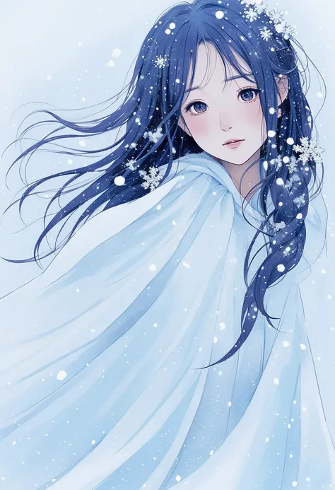 snowの舞う季節、 makes my heart soar,  illustration style 、 Ukisei、Showa Anime、woman、snow、 sensitive 