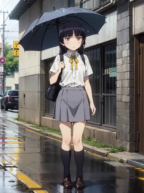 rain, 歩くwoman, umbrella,   Wet Asphalt, Street lamp, Reflected Light,   knight , tranquility, beautiful,   muted color  , (Ruri Australian baseball), woman, Alone, hime cut, woman,  long hair, Black socks, Short sleeve,   GREY SKIRT  , hime cut, Push in,  ...