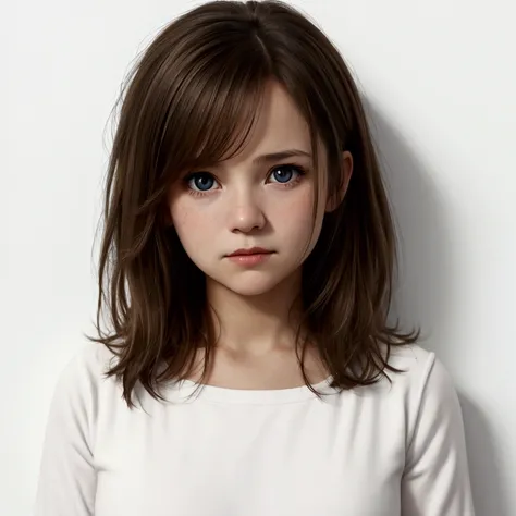 head shot wide angle solid light color background of a young Andrea Barber standing in front of a blank white wall with her eyes open a hopeless expression on her face			
