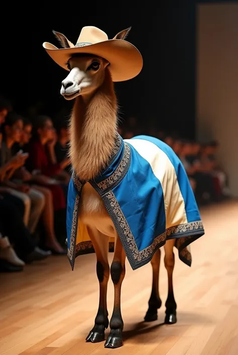 A highly detailed, ultra-realistic guanaco standing proudly on a polished wooden runway, dressed in a vibrant gaucho-inspired outfit. The guanaco wears a traditional poncho with blue and white stripes representing the Argentine flag, adorned with intricate...