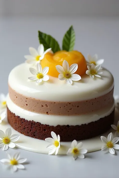 ENTREMET WITH COCOA SPONGE CAKE BASE COVERED WITH WHITE CHOCOLATE MIRROR GLAZE WITH SOURSOP AND COCOA MOUSSE, ACCOMPANIED BY SMALL WHITE FLOWERS 